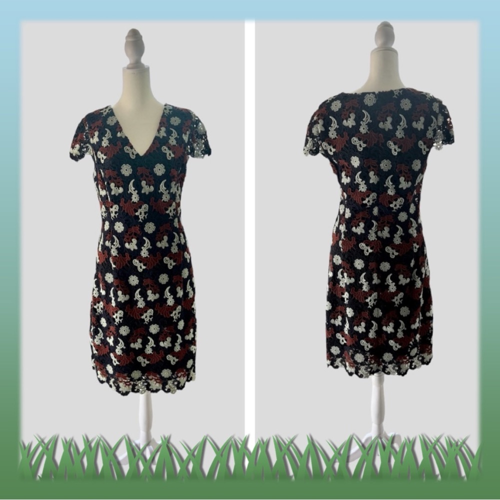 Tory Burch Navy, Red, Silver Lined Lace Dress-Size 8